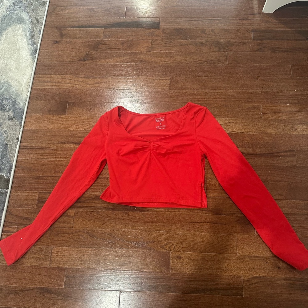 Amazon Red Long Sleeve Crop Blouse with Tie Front
